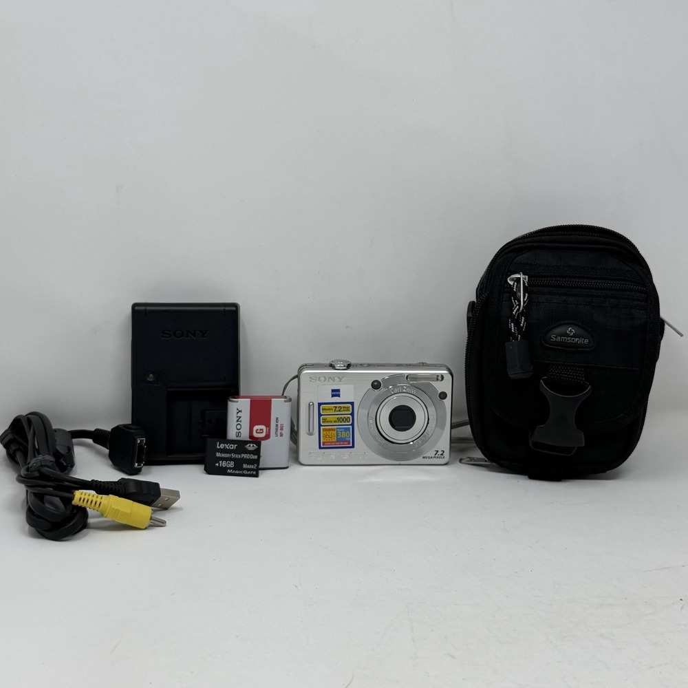 Sony Cybershot DSC-W55 7.2MP Black Digital Camera, Battery Charger, Case, 16 GB